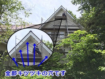 吾妻郡嬬恋村ペンション 軒天 キツツキの沢山の穴