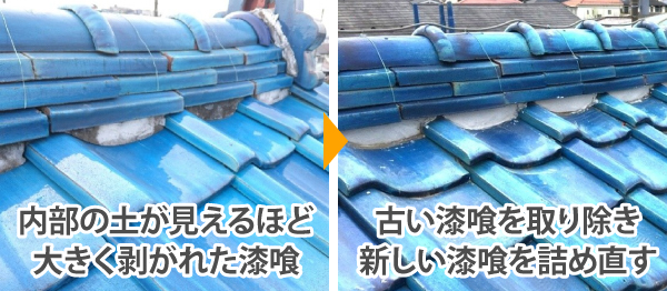 内部の土が見えるほど大きく剥がれた古い漆喰を取り除き新しい漆喰を詰め直す