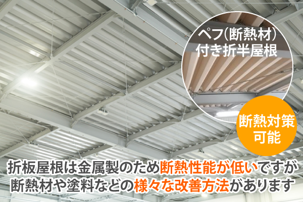 折板屋根は金属製のため断熱性能が低いですが、断熱材や塗料などの様々な改善方法があります